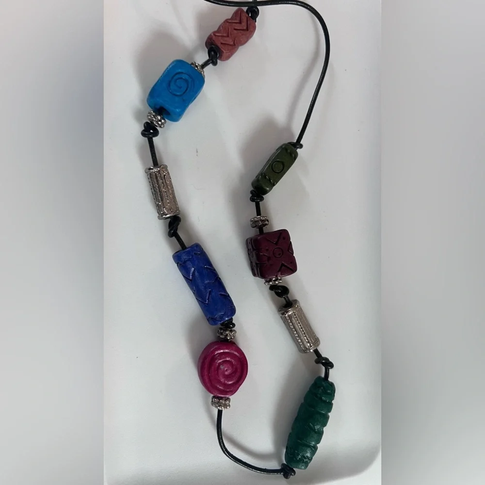 Vintage PIER 1  Colorful textured clay Bead Necklace knot cord boho casual